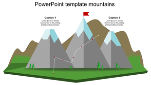 PowerPoint mountain template with two peaks and a dotted line showing a path toward the summit, labeled with two captions.