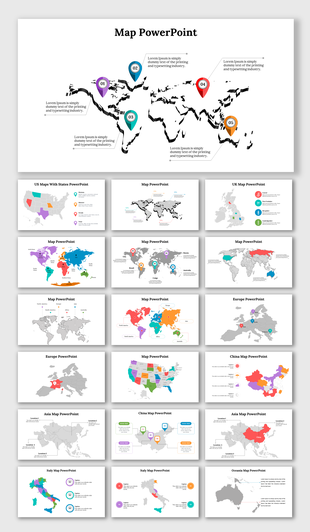 Slide deck featuring various global and regional map layouts, using icons and markers in diverse colors.