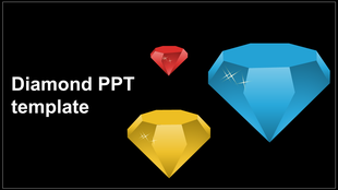 Slide featuring three faceted diamonds in blue, yellow, and red on a dark background with text on the left.