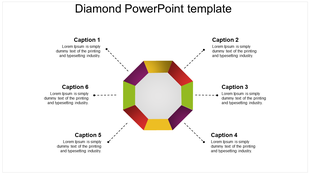 Diamond infographic with a six multicolored structure, linked to six captions using dashed lines on a white background.