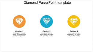 Diamond PowerPoint template with three colorful diamond icons and text placeholders for captions.