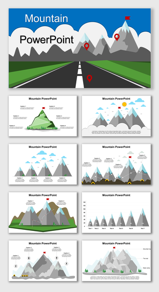 Slide deck with mountain illustrations, route markers, and infographic layouts for business or journey themed topics.