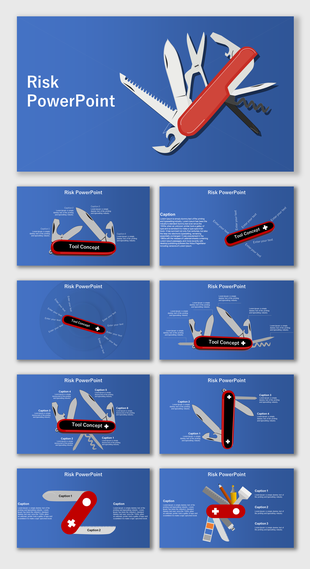 Blue-themed risk slide deck with a Swiss army knife visual and supporting placeholders text areas.