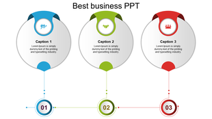 Three circular infographic elements with icons and captions, each linked by vertical lines to numbered circles below.
