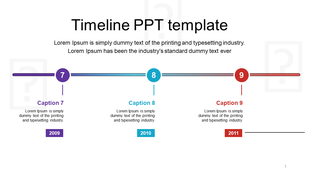 Horizontal timeline with three steps, featuring numbered circles, captions, and milestone years 2009, 2010, and 2011.