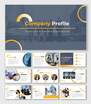 Company profile deck with a dark cover, yellow highlights, and slides for team, mission, values, process, and goals.