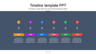 Business timeline with six steps, each featuring a numbered marker, a milestone year, and an arrow label in different colors.