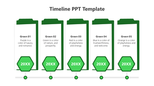 Business timeline with five vertical folder shaped elements, each featuring a description and a green hexagonal year marker.