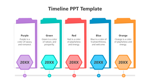 Colorful timeline slide with hexagonal icons in purple, green, red, blue, and orange, each paired with text.