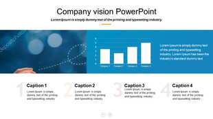 Company vision template featuring a blue chart, abstract background with a dashed line, and four numbered caption areas.