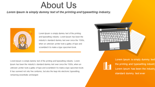 Modern about us slide with an illustrated person, a laptop, and a notepad on an orange gradient background.