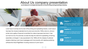 About Us company presentation slide with a person typing on a laptop and captioned boxes for business descriptions.