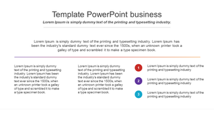 Minimalist business slide with a centered title, descriptive text, and a three step numbered section on the right.