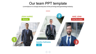 Team introduction slide with three business professionals, numbered sections, and name tags indicating their roles.