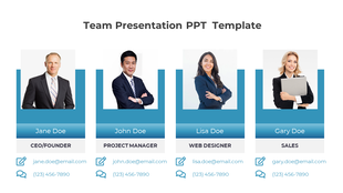 Team presentation slide showing four team members with their names, roles, contact details, and professional photos.