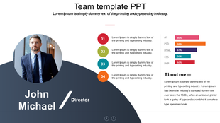 Business team introduction slide with a circular portrait, name, job title, skill proficiency chart, and descriptive text.