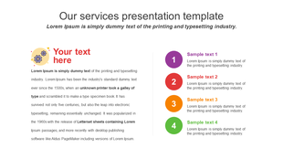 Our services PowerPoint template with an area for user provided text and colorful sample text placeholders.