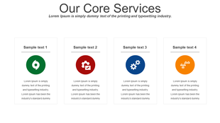 Four core services are displayed with colorful icons and sample text descriptions under each section.