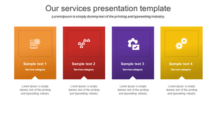Our services presentation template features service categories with icons and placeholders for text in colorful sections.