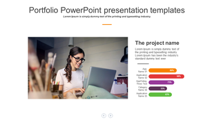 Portfolio slide featuring a smiling woman working, with a foreground of paintbrushes and a bar chart on the right.