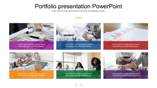 Portfolio PPT slide with six images of professionals working on laptops, charts, and documents, with caption placeholders.