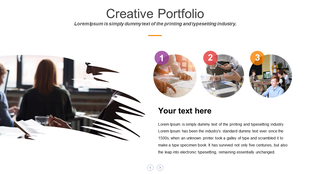 Creative portfolio slide with a torn paper effect revealing a meeting scene on the left and three numbered circular images.