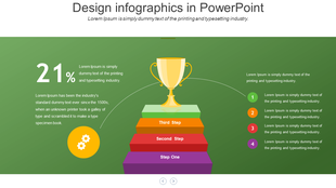 Design infographic with four step pyramid, topped with a golden trophy, with percentage data and numbered icons.