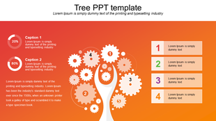 Tree PowerPoint slide with gears representing various parts, each with numbered sections and captions on an orange backdrop.