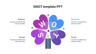 SWOT analysis infographic in a four petal floral design with a pencil base, labeled and color coded for each category.