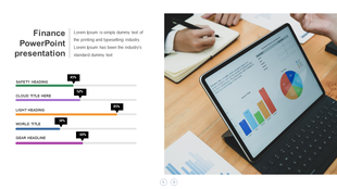 Slide with five colorful progress bars representing different headings alongside a business graph displayed on a tablet.