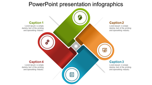 A  layout showing a symmetrical infographic with four sections, each containing an icon and placeholder text.