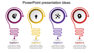 PowerPoint slide showcasing innovative ideas with distinct lightbulb illustrations and captions.