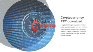 A slide featuring a Bitcoin symbol overlaid on a binary code background, with a brief description of cryptocurrency.