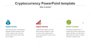 Minimalist cryptocurrency slide featuring three key elements with icons and descriptive text in a horizontal layout.