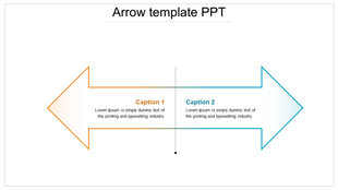 Two opposing arrows in orange and blue borders, labeled caption 1 and 2 with text placeholders inside.