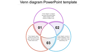 Venn diagram with numbered sections 01, 02, and 03, outlined in purple, blue, and red, with placeholder text areas.