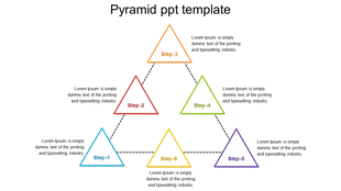 Colorful pyramid PPT template with six triangular sections representing steps, each with a caption describing the step.