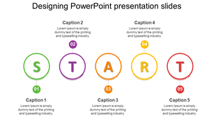 Slide with a start process diagram, where each letter appears in a separate circle, color coded and connected to captions.