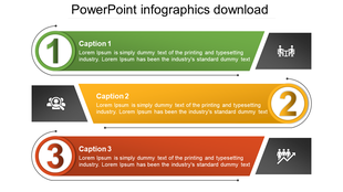 Infographic slide with three numbered sections in green, yellow, and red, each containing icons and captions.