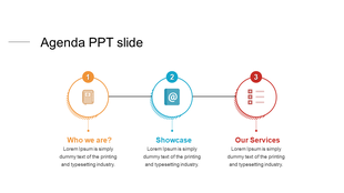 Slide featuring a three part agenda with orange, blue, and red circles, each containing an icon and descriptive text below.