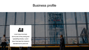 Business profile PowerPoint template featuring an office building background and an icon with placeholder text.