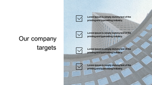 Company targets slide with a modern building background, featuring four checkmark icons followed by placeholder text.