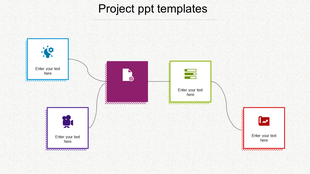 Project design template with five colorful placeholders linked by dotted lines for step by step presentation. 