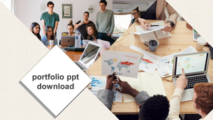 Portfolio slide with a split layout featuring a team discussion, data analysis, and a central text box on a beige background.