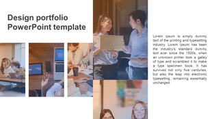 Portfolio slide with a collage of showing teamwork, laptops, and discussions, alongside a text area on a white background.