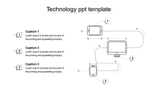 Technology PowerPoint template featuring mobile devices, tablets, and desktops with numbered arrows and caption text.
