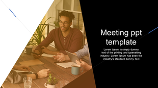 Business meeting PowerPoint slide featuring a group of people discussing ideas around a table with text placeholders.
