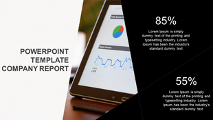 Company report slide with a diagonal split design, featuring a tablet displaying analytics and two percentage data sections.