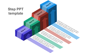 3D isometric steps template featuring four ascending colored blocks with arrows and matching text areas below.