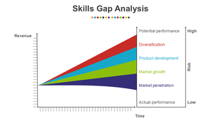 Graph showing skills gap analysis with increasing revenue over time, mapping potential performance and associated risks.